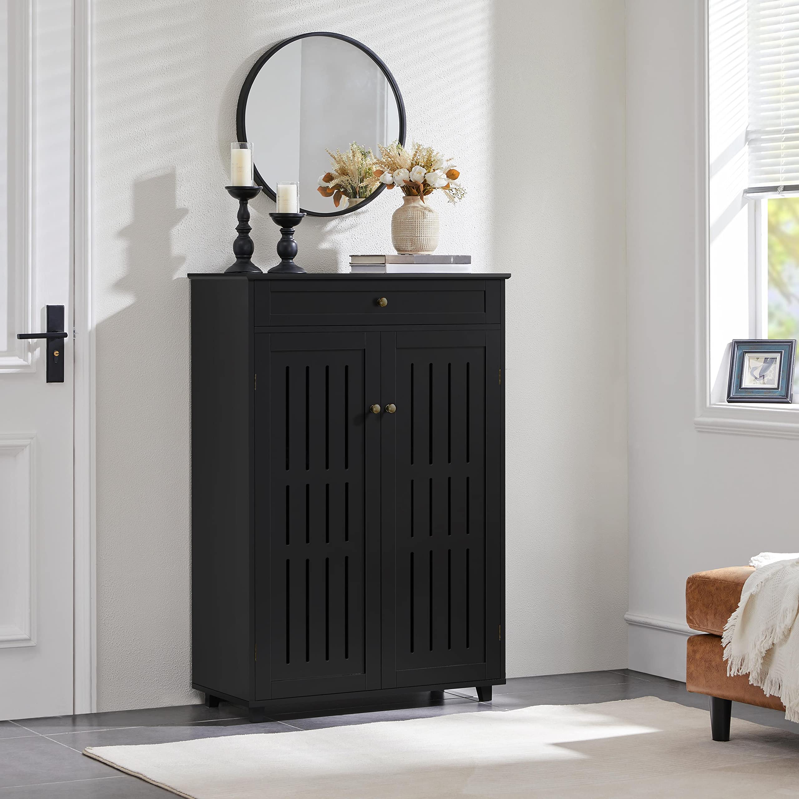 Storage Cabinet Floor Storage Organizer Wooden Cabinet with Drawer 2 Doors for Entryway