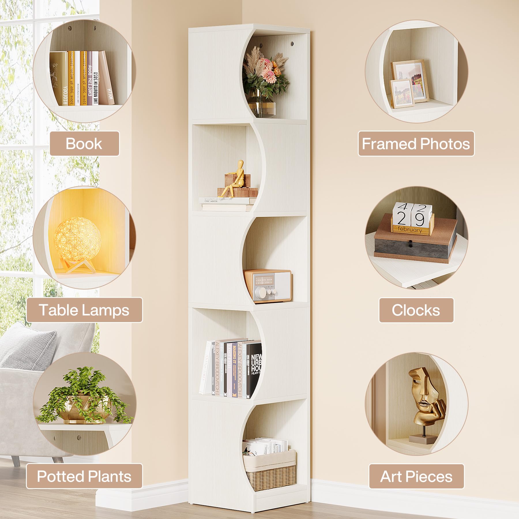 Narrow Corner Shelf, 67.3" Tall White Corner Bookshelf, Modern Bookcase with Storage