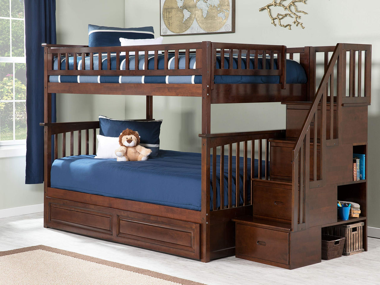 Columbia Full Over Full Size Staircase Bunk Bed with Raised Panel Bed Drawers in Walnut