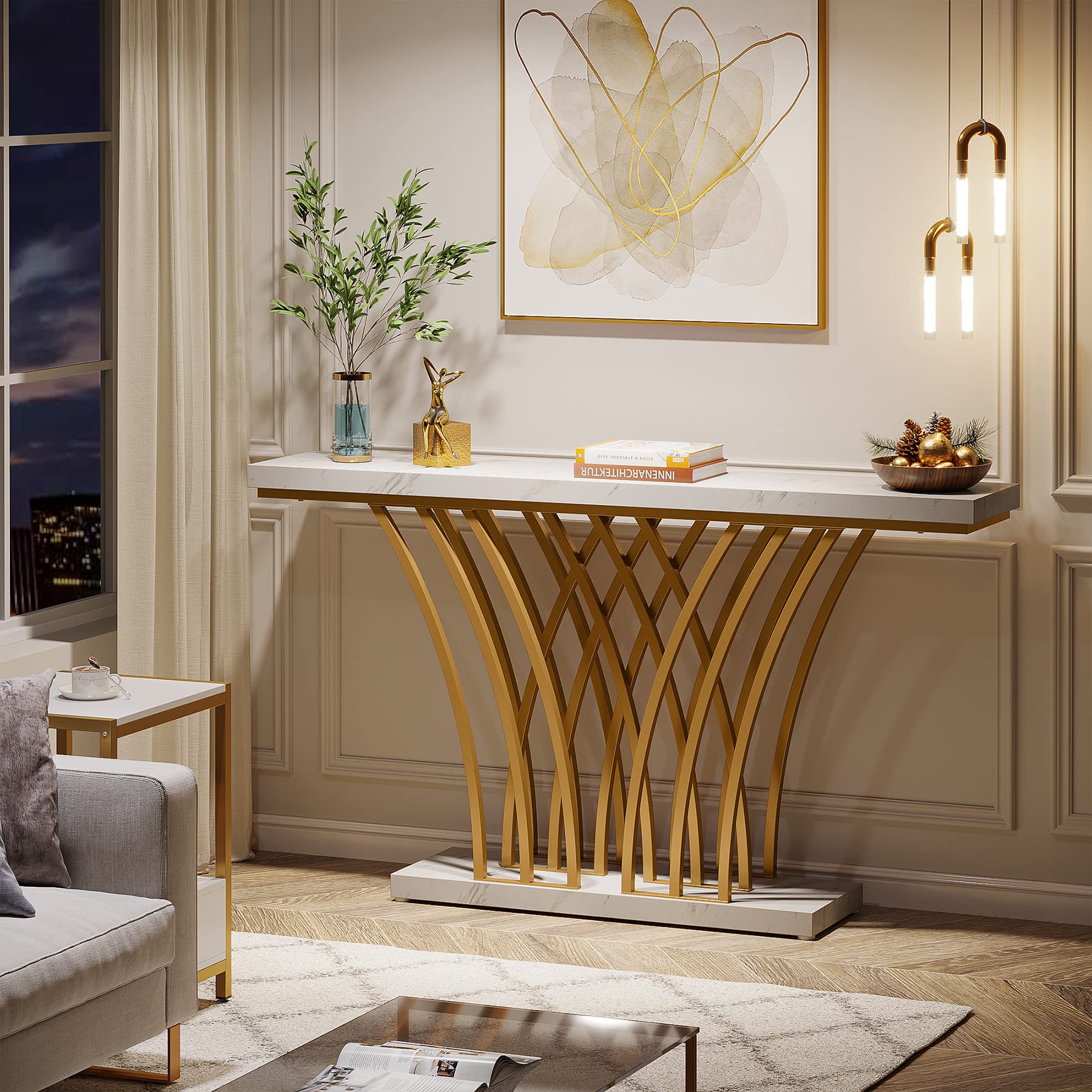 59-Inch Gold Console Table with Faux Marble Top