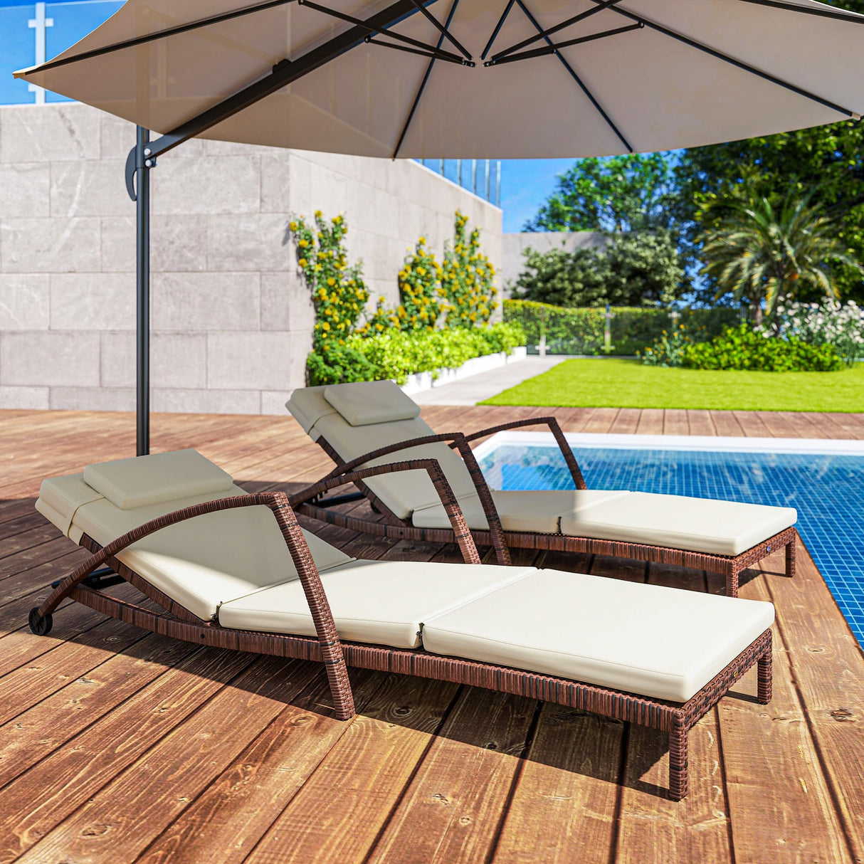 Wicker Chaise Lounge Chair Outdoor Set of 2, 5-Position Adjustable Reclining Pool Lounge Chairs