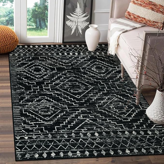 Moroccan Washable Rug 4x6, Black Boho Living Room Area Rug, Non-Slip Farmhouse Bedroom Carpet Dorm Room