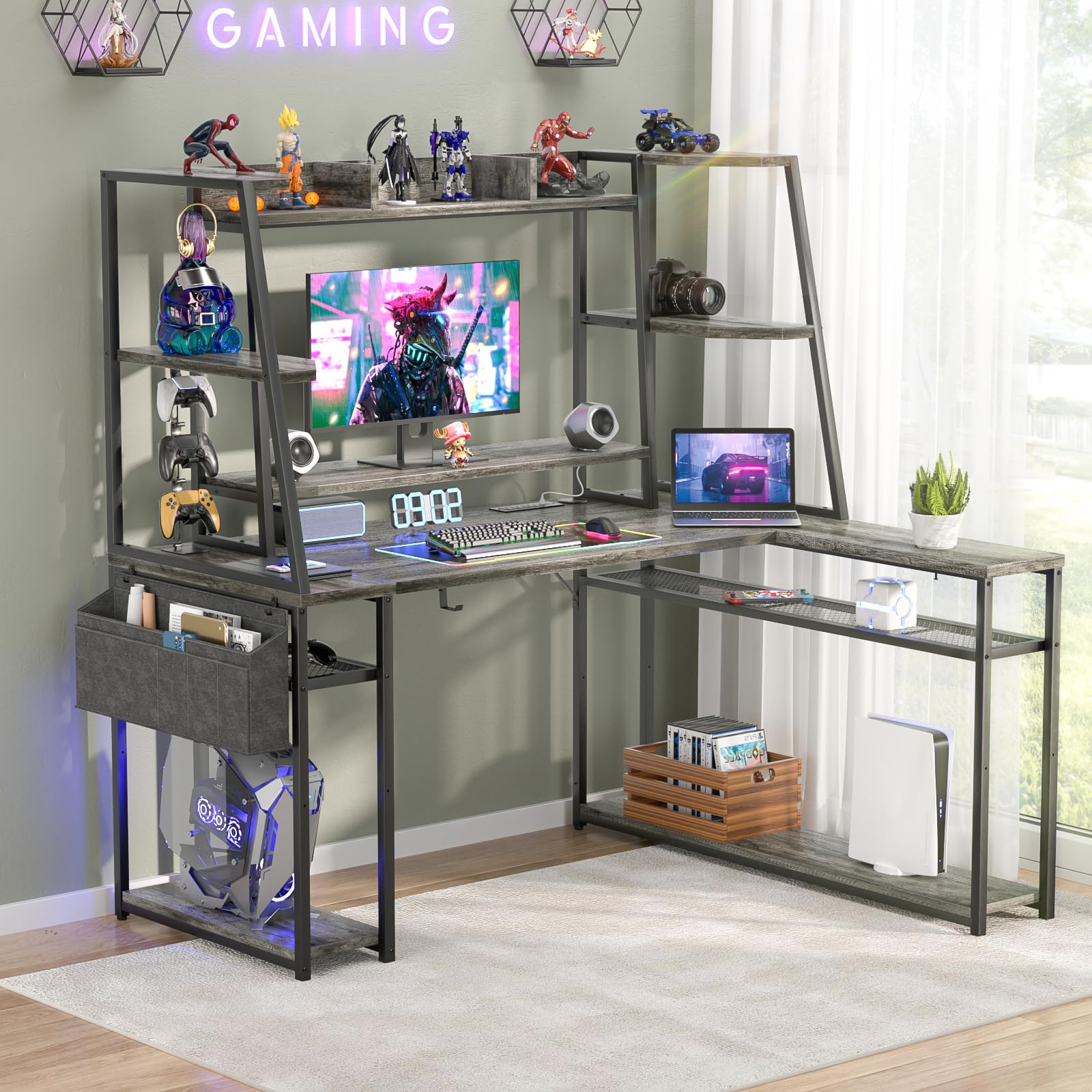 L Shaped Gaming Desk with Hutch - 47" Reversible Computer Desk