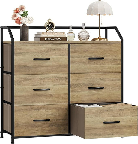 Dresser with 6 Drawers, Dresser for Bedroom, Wood Top Storage Tower, Fabric Organizer