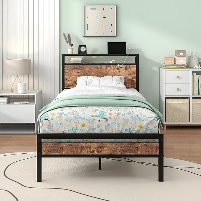Full Size Bed Frame with Storage Headboard,Power Outlet,USB Port