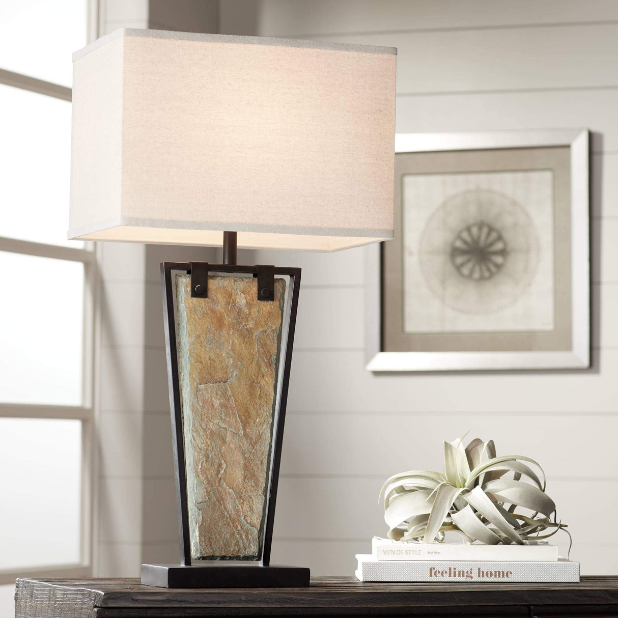 Franklin Iron Works Zion Rustic Farmhouse Table Lamp 30" Tall Natural Slate Bronze Tapered Metal Frame Rectangular Shade for Living Room Bedroom House Bedside Nightstand Home Office Entryway Family