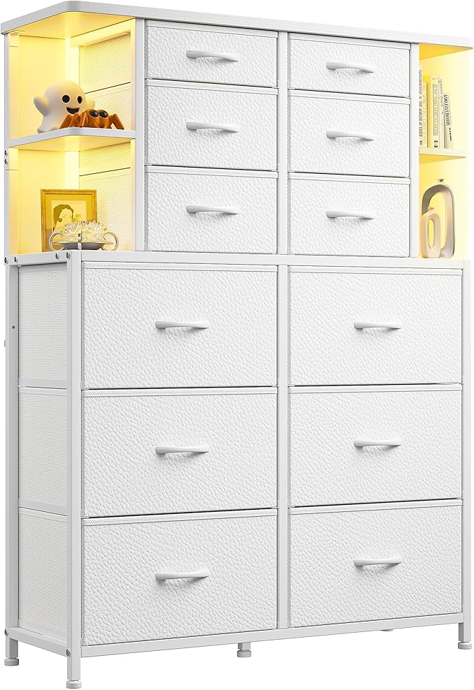 Dresser for Bedroom with LED Lights, 12 Drawers Bedroom Dresser, Black Dresser and Tall Dresser with Open Shelves, Fabric Dressers & Chests of Drawers with Sturdy Metal Frame, White