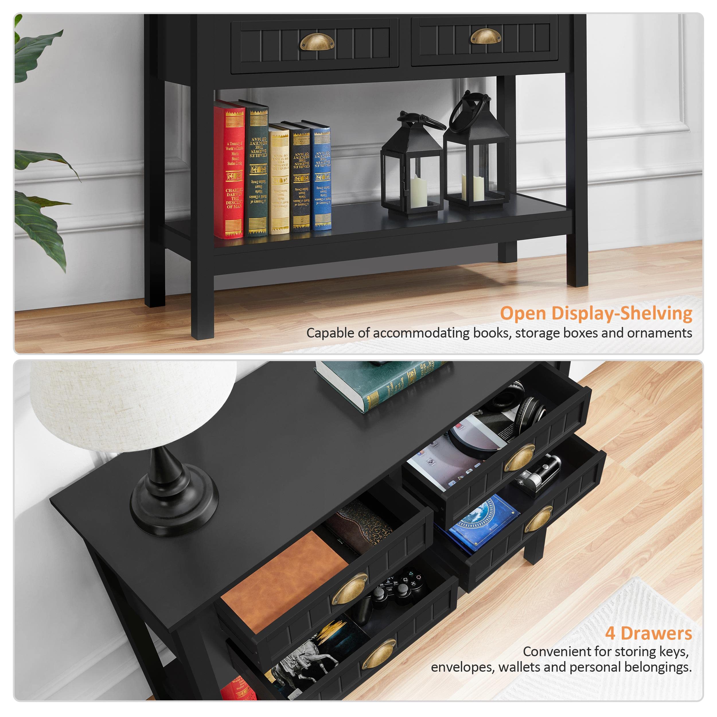 Console Table with 4 Drawers, Sofa Side Table with Bottom Open Storage Shelf,
