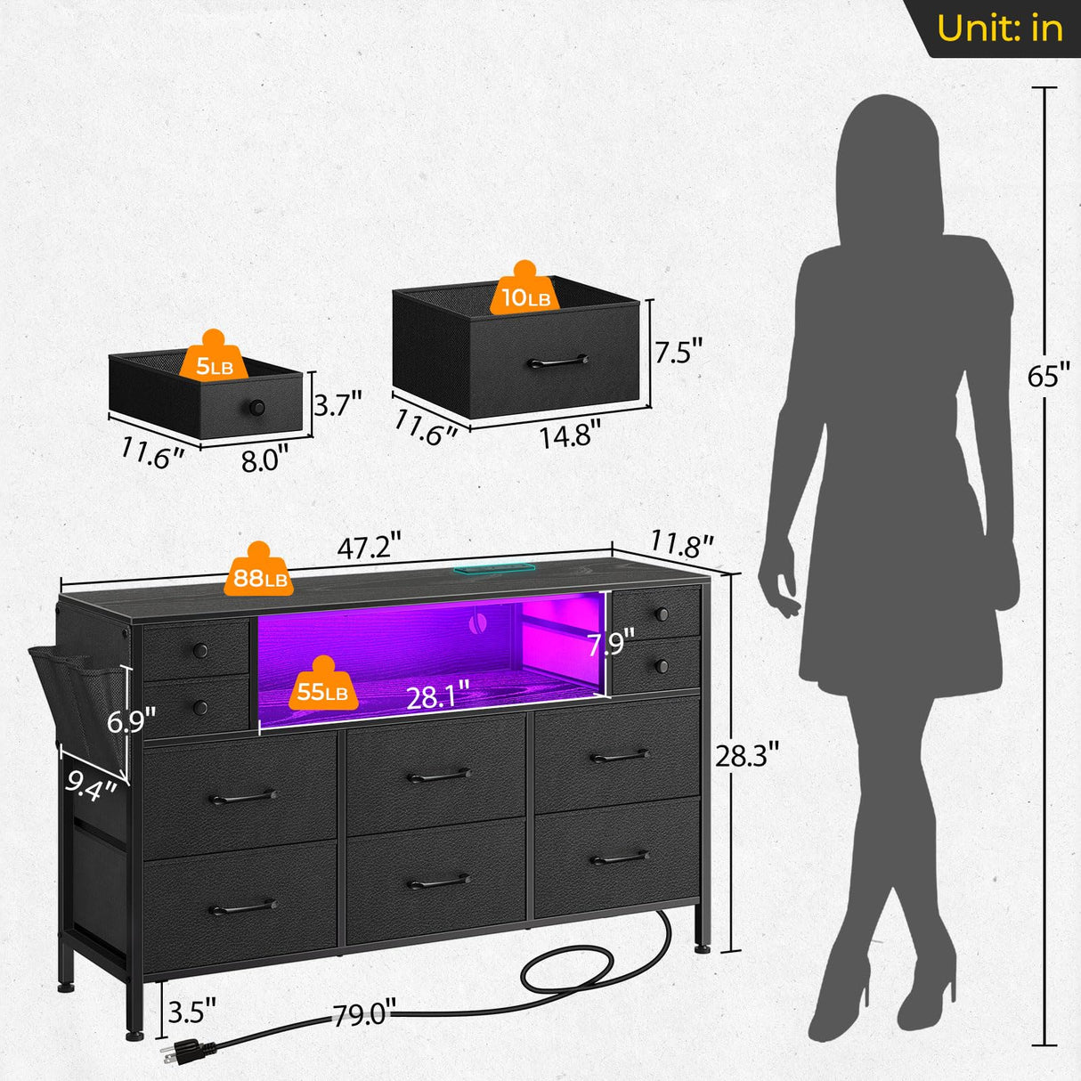 Dresser with Power Outlets and LED Lights, 10 Drawers Dresser with Side Pocket