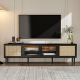 Rattan TV Stand for 75 Inch TV, Mid Century Modern TV Stand w/2 Rattan