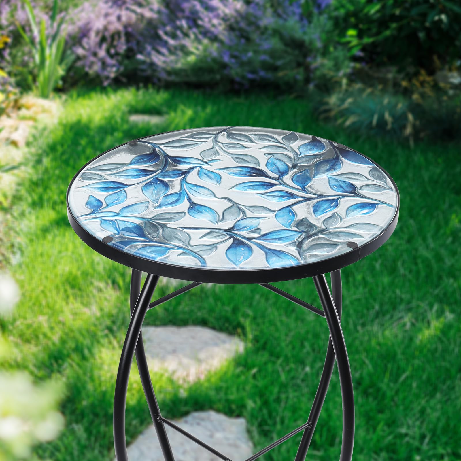 MUMTOP Side Patio Tables - Mosaic Outdoor Side Table - 14’’ Blue and Transparency Leaf Glass Accent Round EndTable, Plant Stand Indoor Small CoffeeTable for Garden or Living Room Decor - Bircata