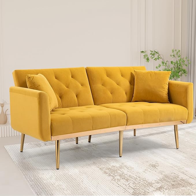 Mid-Century Modern Velvet Loveseat, Petite Accent Sofa Couch with 7 Gold Metal Legs