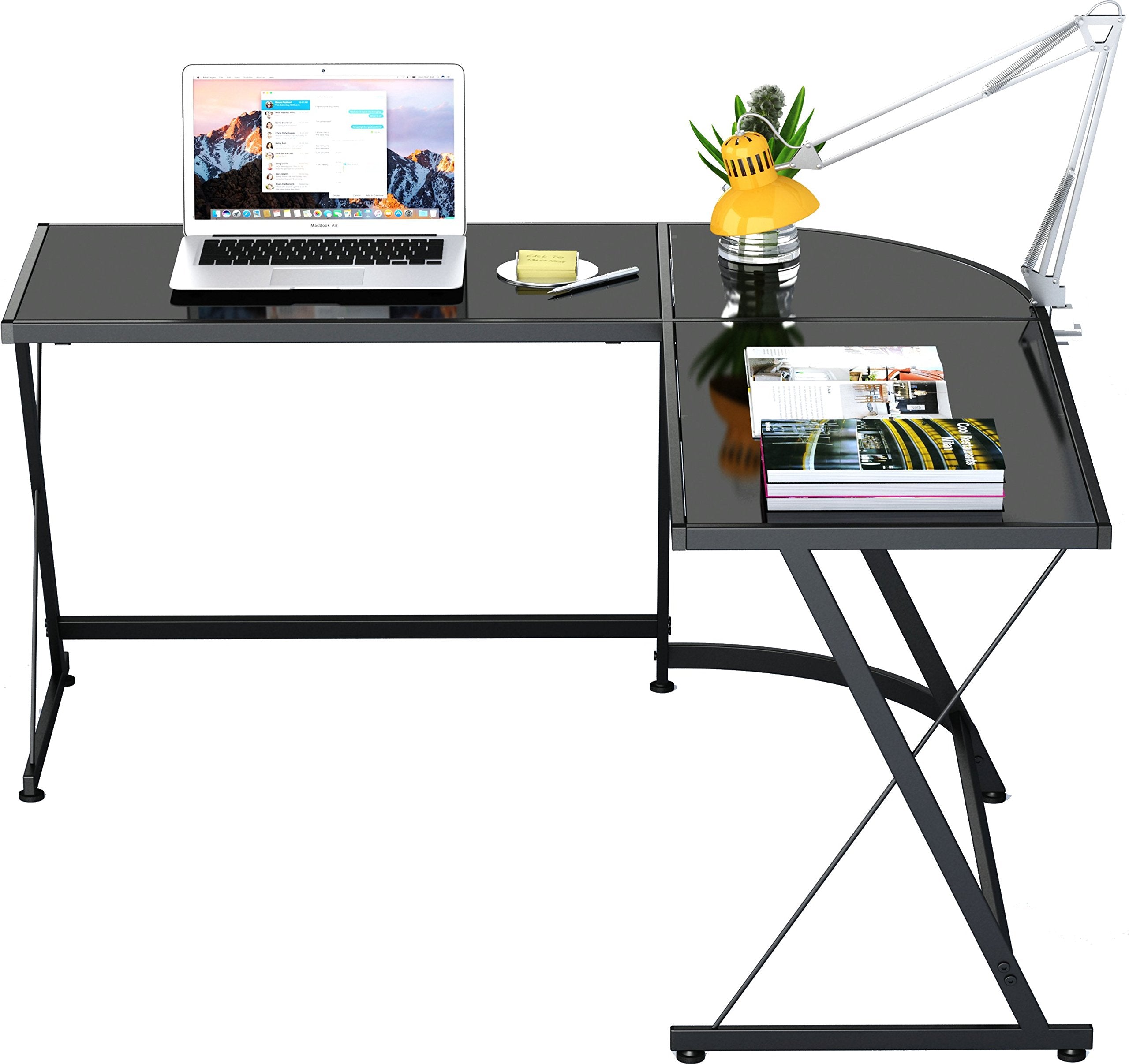 GamePro L-Shaped Gaming Desk – Black Glass Corner Studio Table