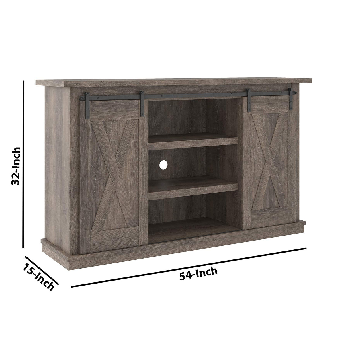 Benjara Wooden TV Stand with 2 Cross Barn Sliding Doors, Brown