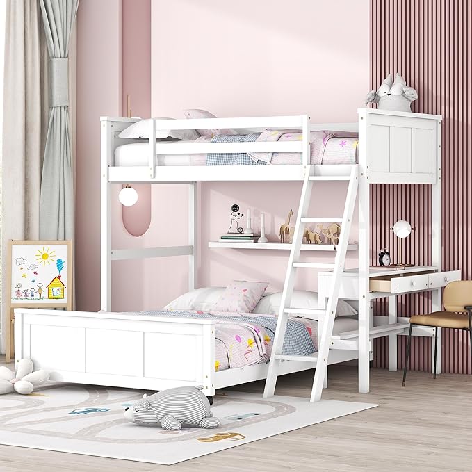 Twin Over Full Bunk Beds with Desk and Drawers, Wood Twin Size Loft Bed