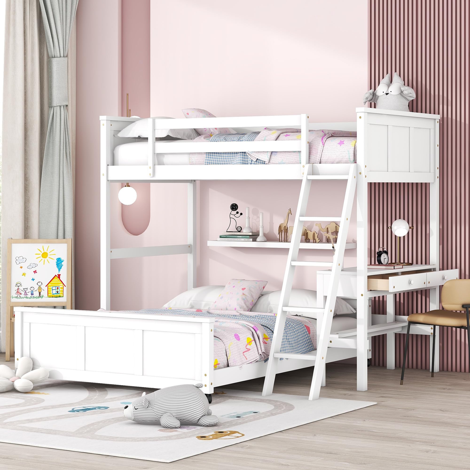 Twin Over Full Bunk Beds with Desk and Drawers