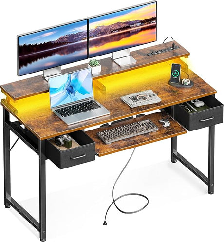 ODK Gaming Desk with Led Lights and Power Outlet, 48 Inch Computer Desk with Drawers and Keyboard Tray, PC Desk with Monitor Stand, Work Desk for Home Office, White