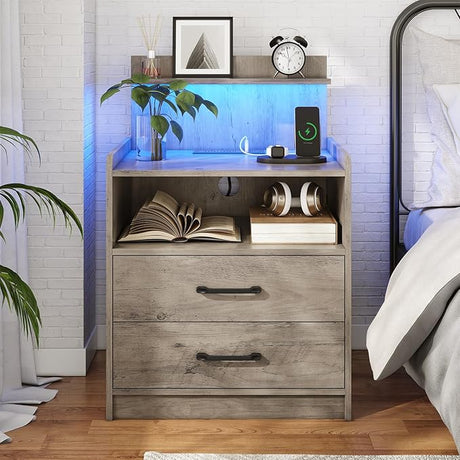 LED Nightstand with Charging Station, Night Stand with 2 Drawers and Open Storage