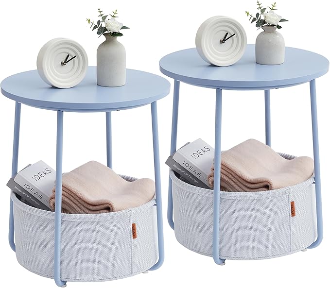 Nightstands, Set of 2 Bedside Tables with Fabric Basket, Small Round Side Tables, End