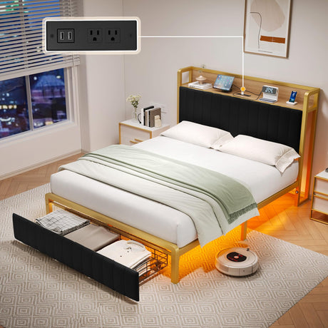 Full Size Bed Frame with Motion Sensor Light, Upholstered Platform Bed