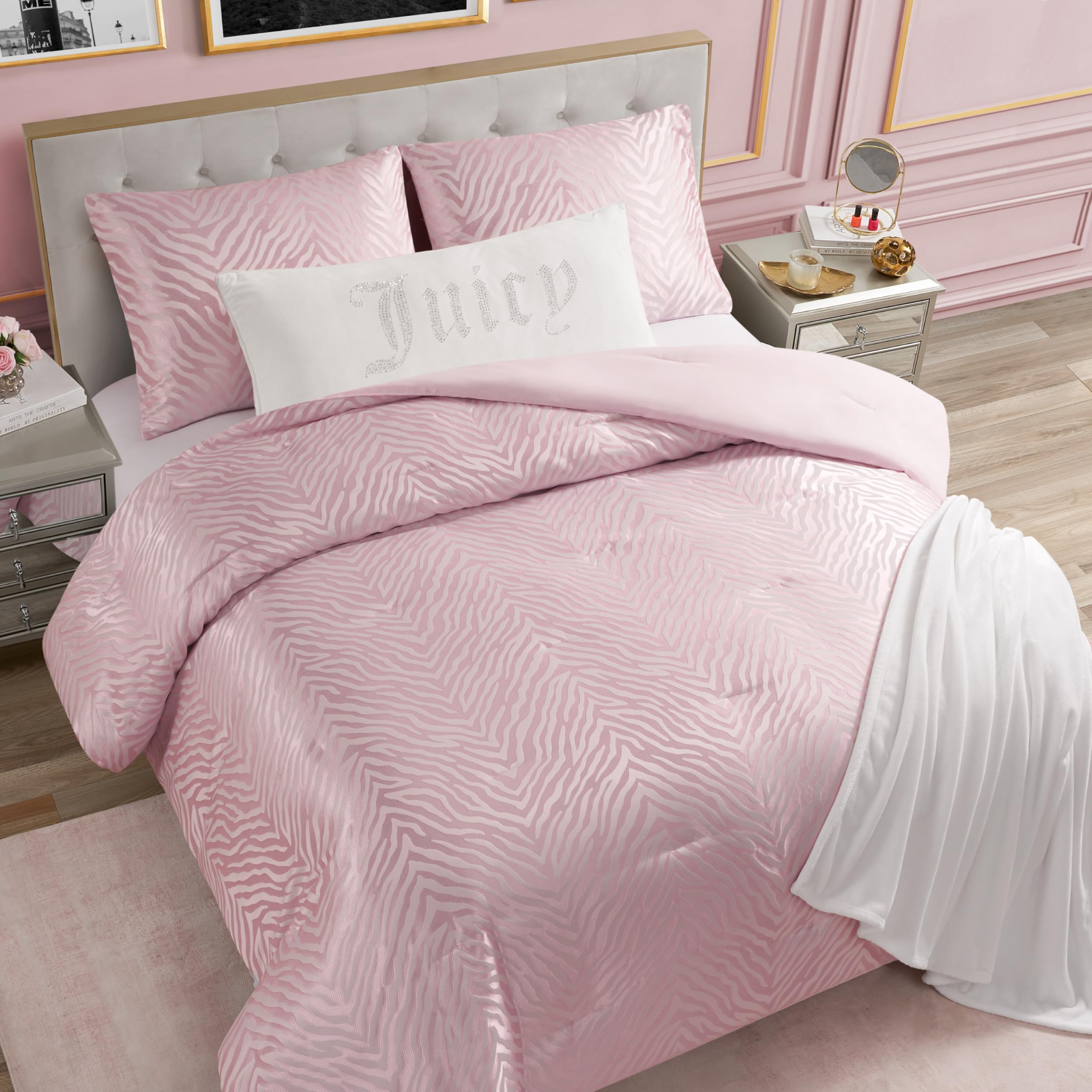 Pink Marshmallow Sparkle Zebra Jacquard Full/Queen Comforter Set - 3 Piece