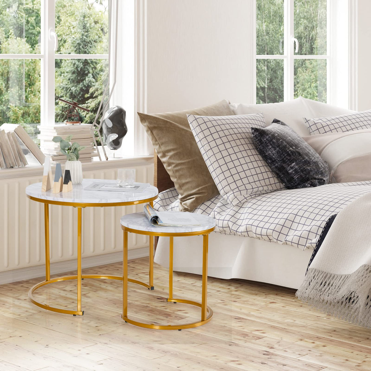 Nesting Coffee Table, 24”Round Coffee Table, Industrial Side Table w/Wood Tabletop