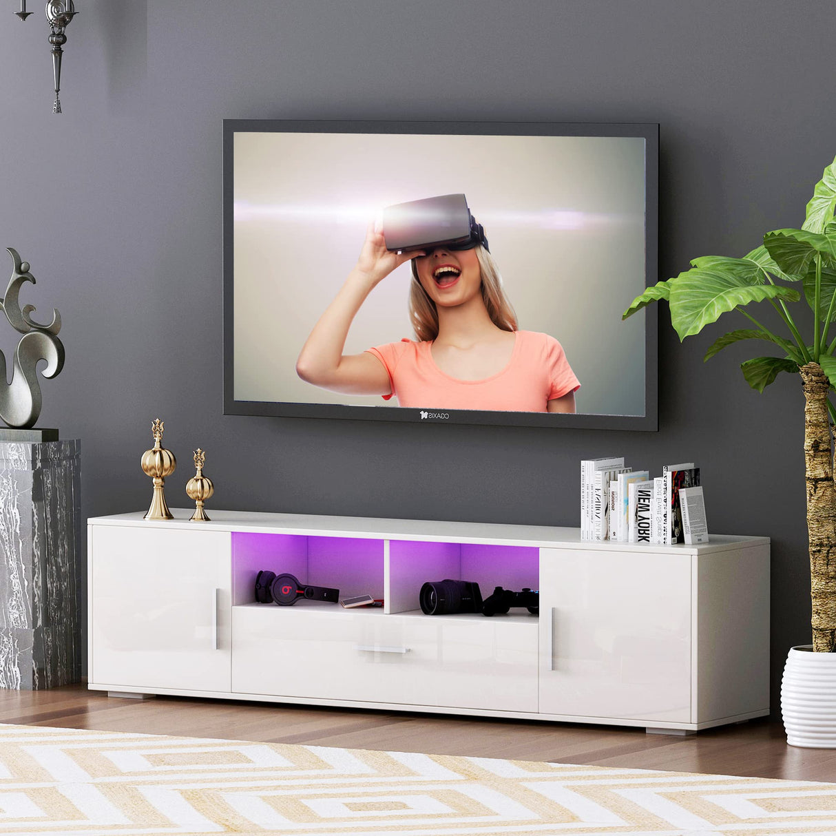 White LED TV Stand for 75 Inch TV, High Gloss Gaming Entertainment Center