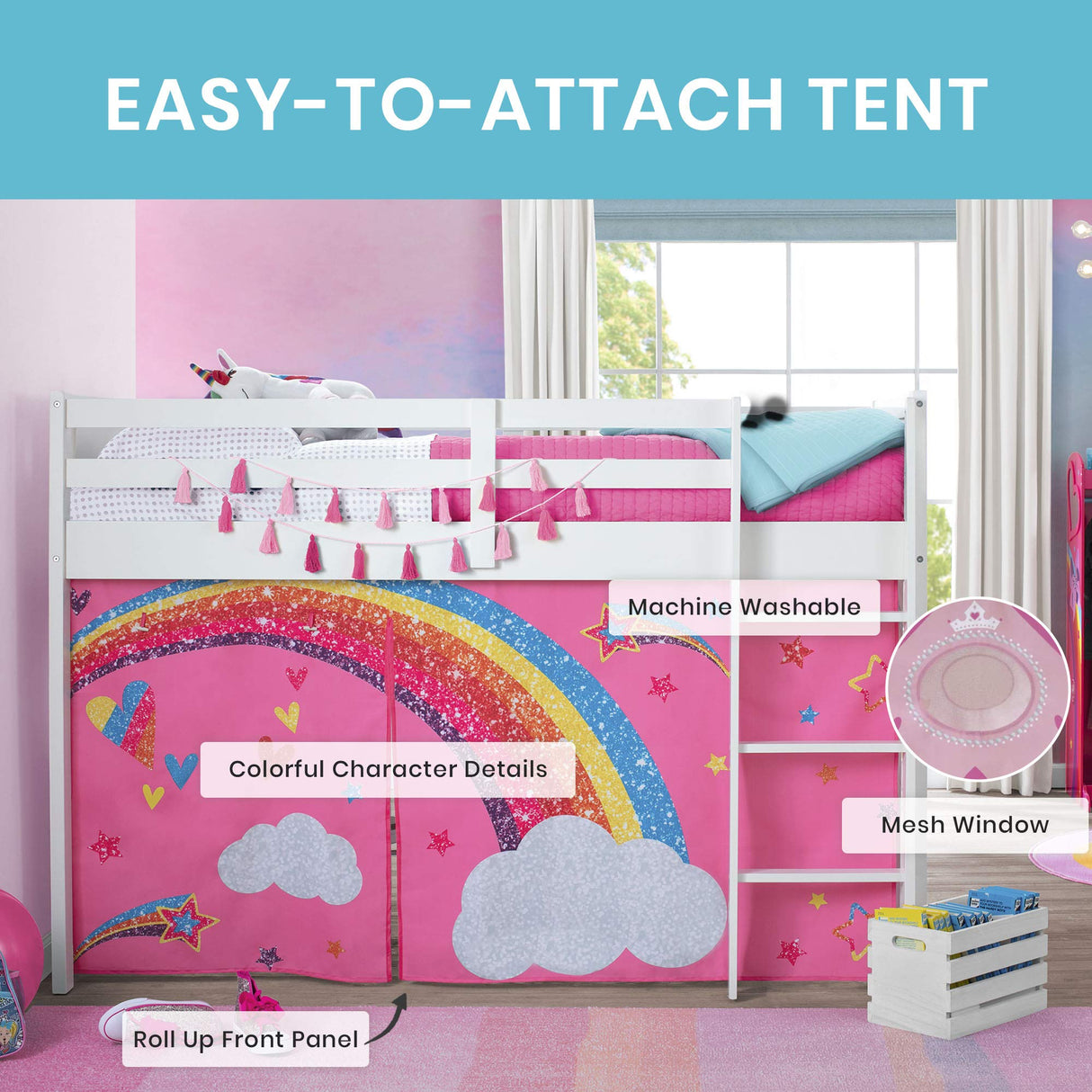 JoJo Siwa Loft Bed Tent - Curtain Set for Low Twin Loft Bed (Bed Sold Separately)