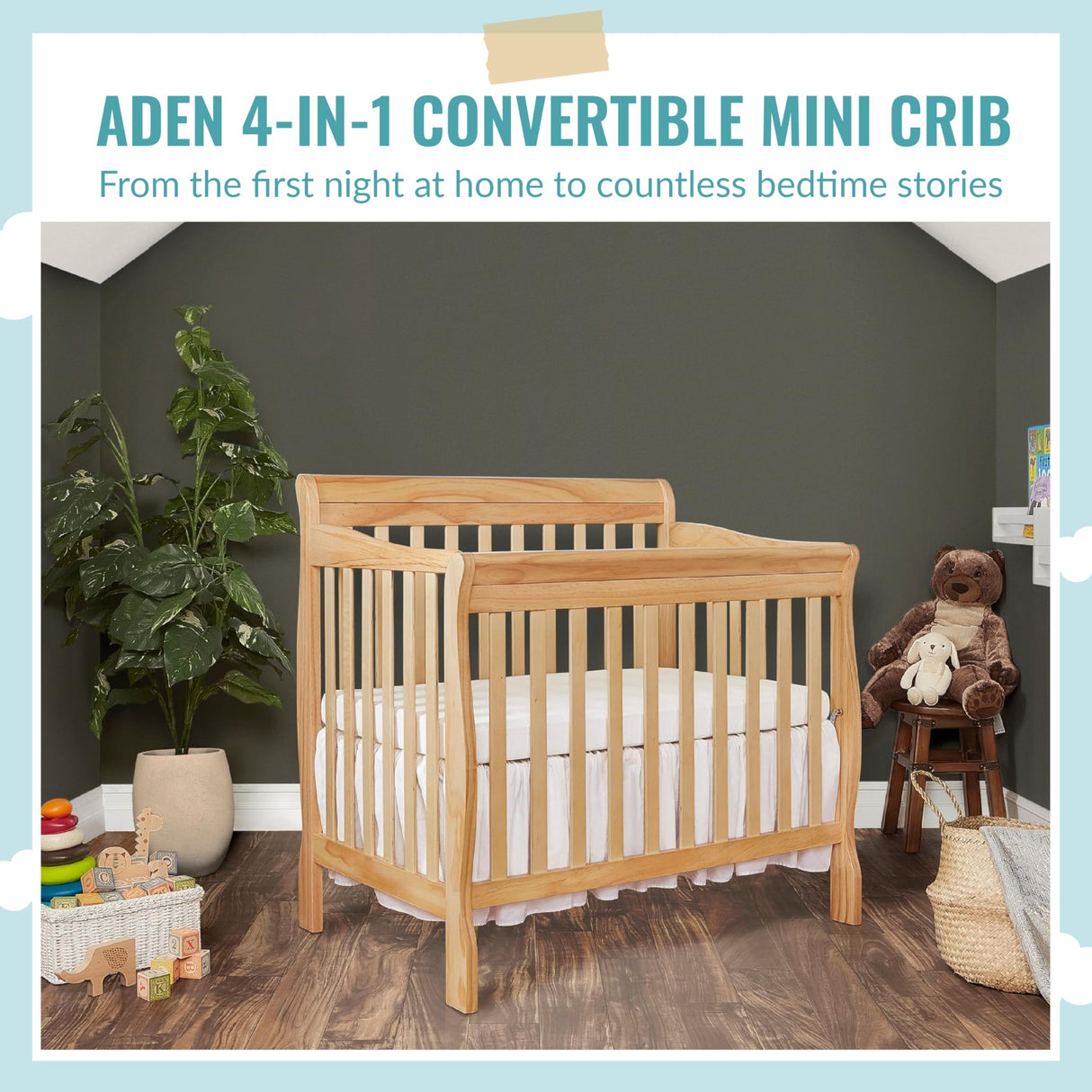 Aden 4-in-1 Convertible Mini Crib In Natural, Greenguard Gold Certified, Non-Toxic Finish,