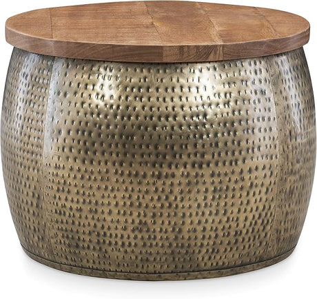 Hammered Gold Drum with Natural Wood Lift Top for Storage Janice Table