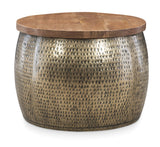 Hammered Gold Drum with Natural Wood Lift Top for Storage Janice Table