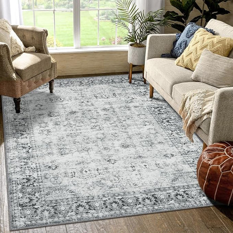 Washable Area Rug 8x10 Large Boho Living Room Rug Vintage Grey Rug for Bedroom