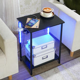 Set of 2 Side Tables with Charging Station and LED Light, End Tables