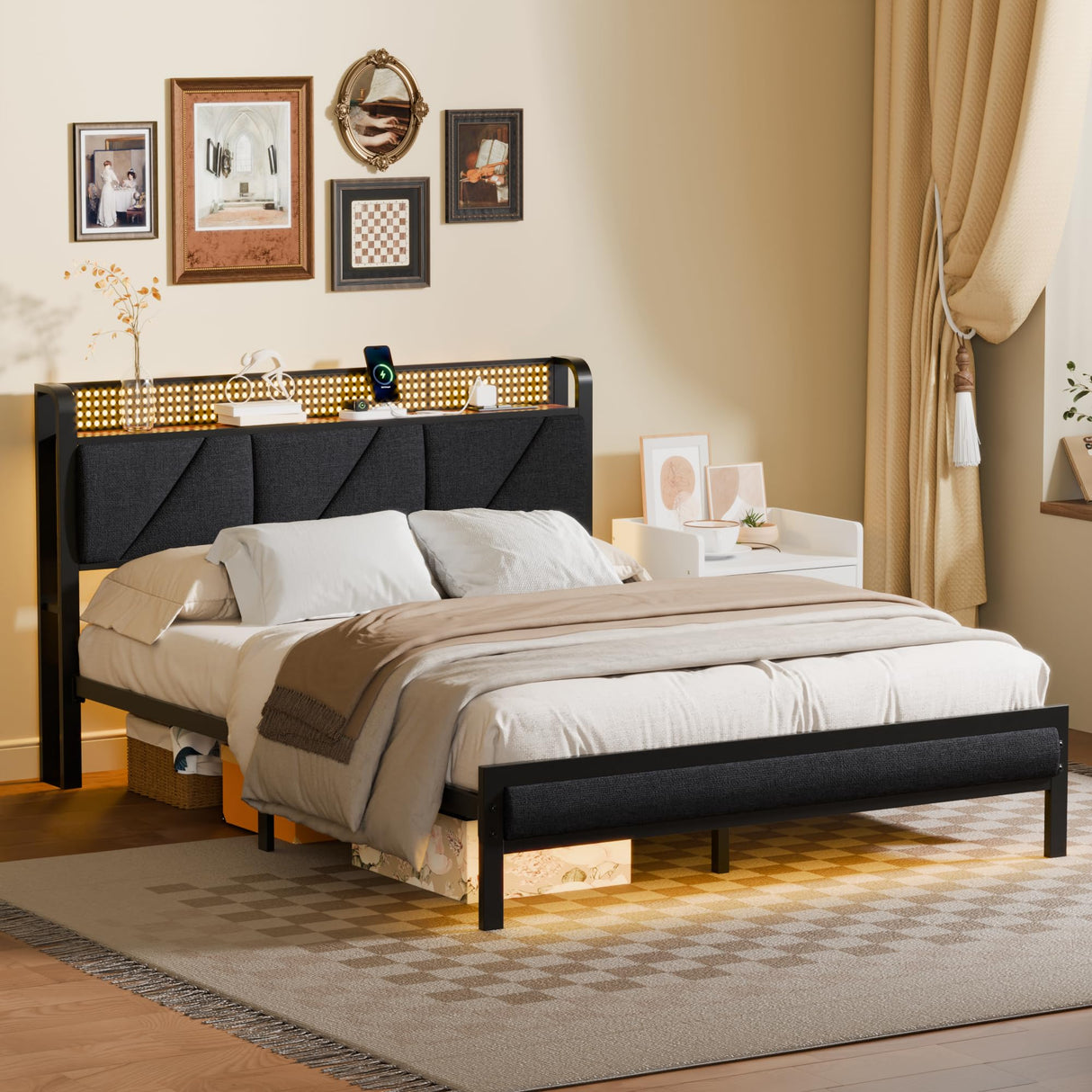 Queen Size Upholstered Bed Frame with LED Lights and Charging Station