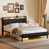 Queen Size Upholstered Bed Frame with LED Lights and Charging Station