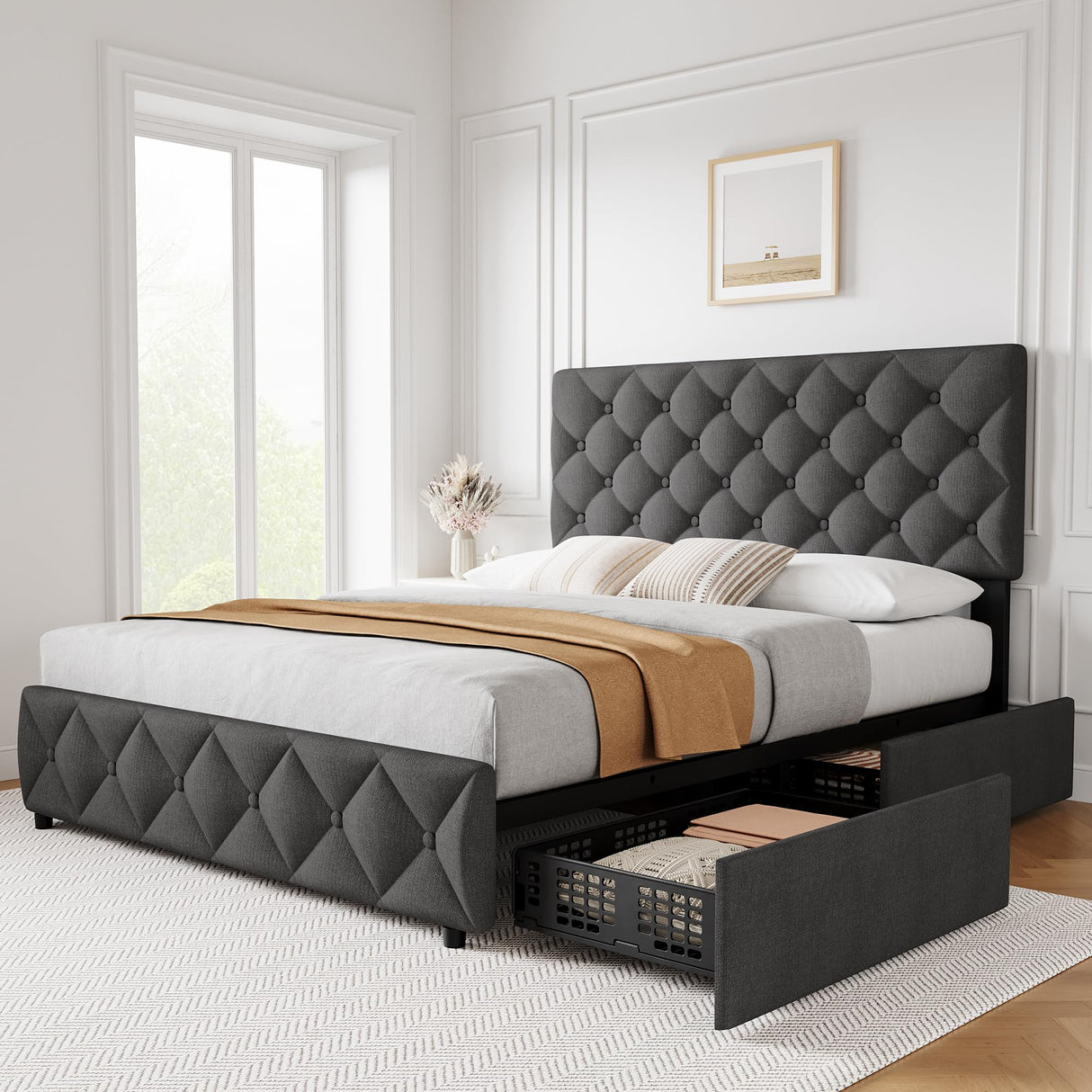 Full Size Bed Frame with 4 Storage Drawers and Headboard, Linen Upholstered Platform