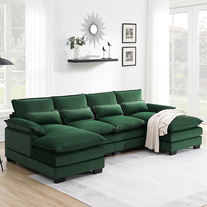 109.8“ Sectional Sofa Cloud Couch for Living Room, Modern Velvet Large Overstuffed