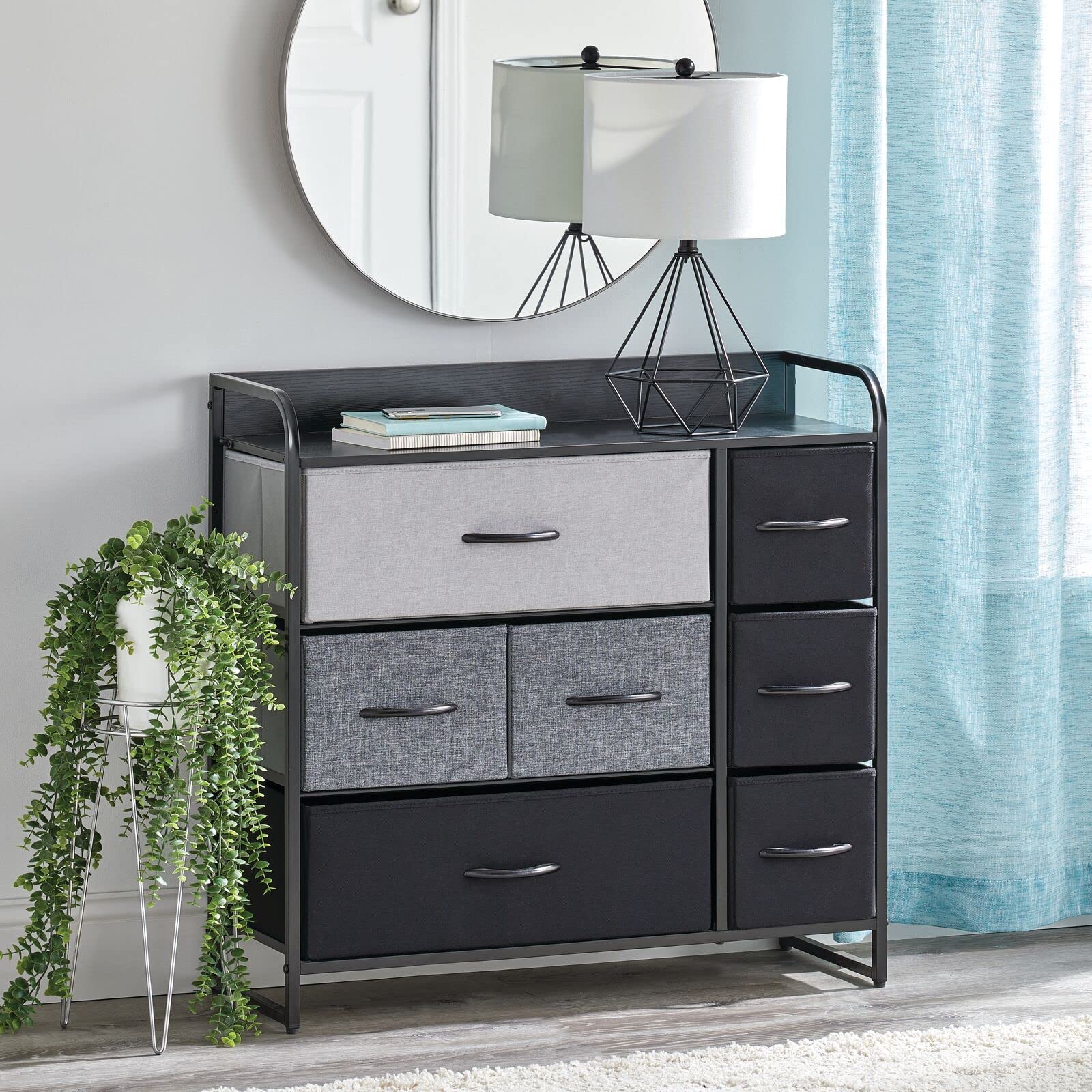 30.9" High Steel Frame/Wood Top Storage Dresser Furniture Unit with 7 Removable Fabric