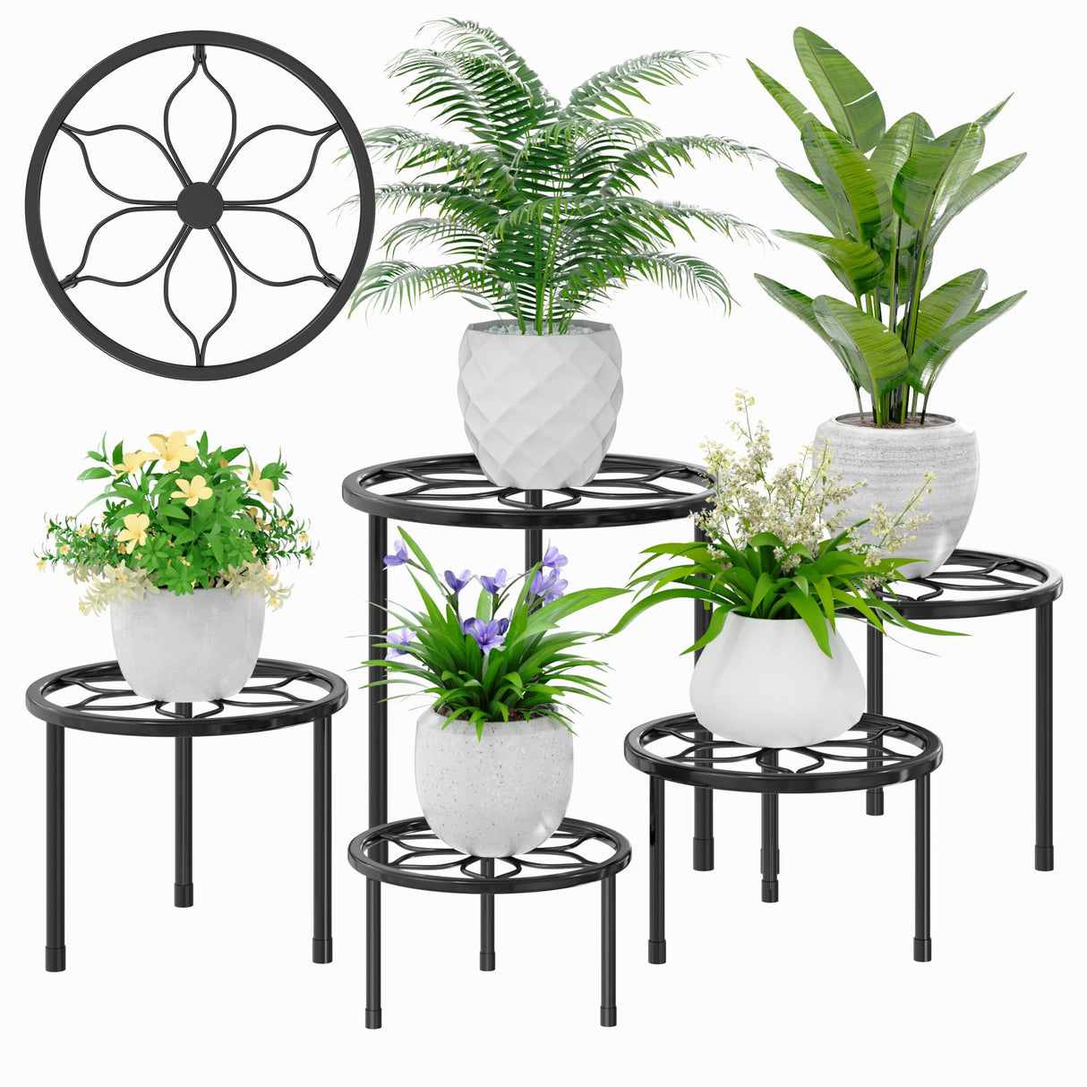 VECELO Metal Plant Stands Set of 5, Multiple Heavy Duty Flower Pot Stand, Round Plant Holder, Black