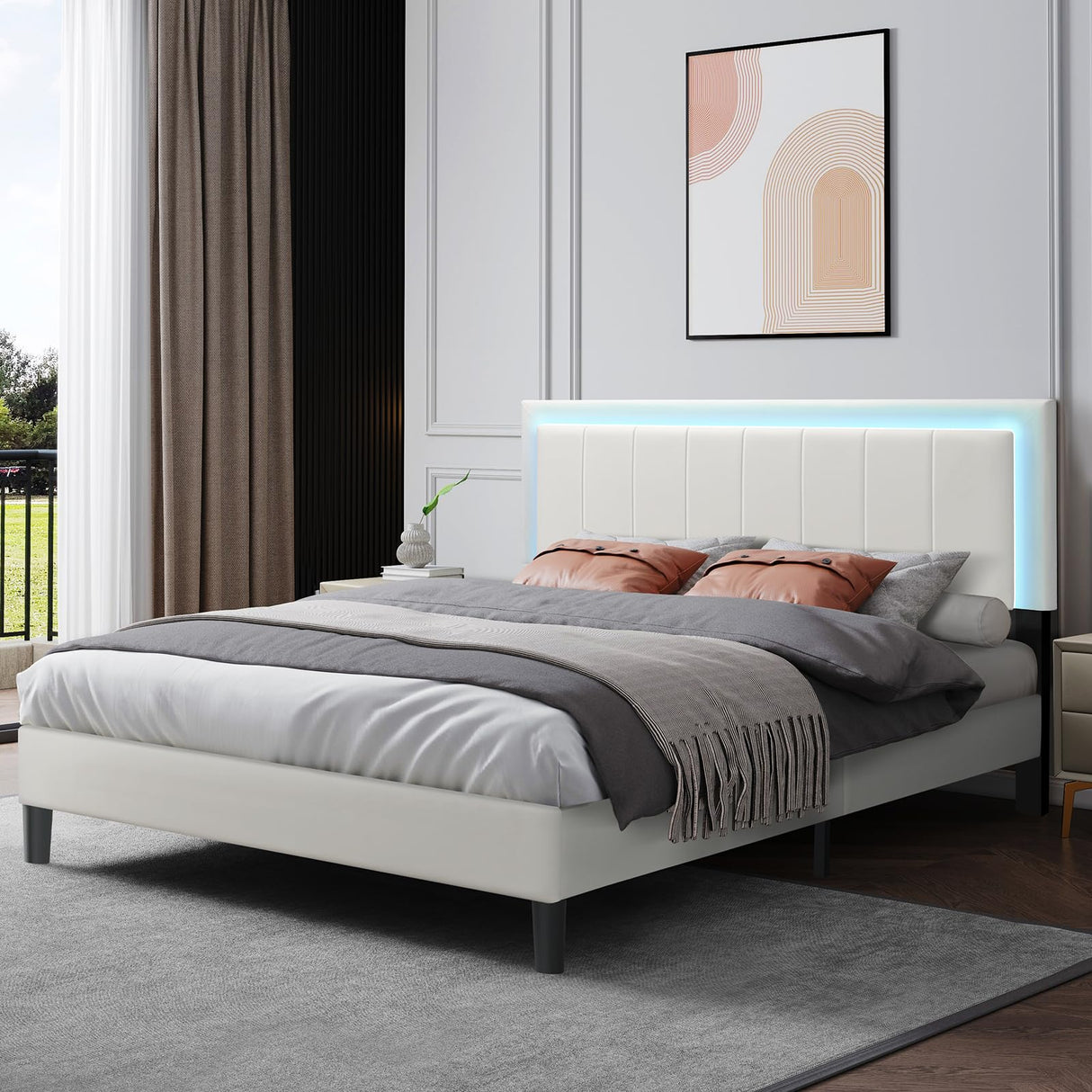 Queen Size Bed Frame with LED Lights, Upholstered Bed Frame Queen with Faux Leather