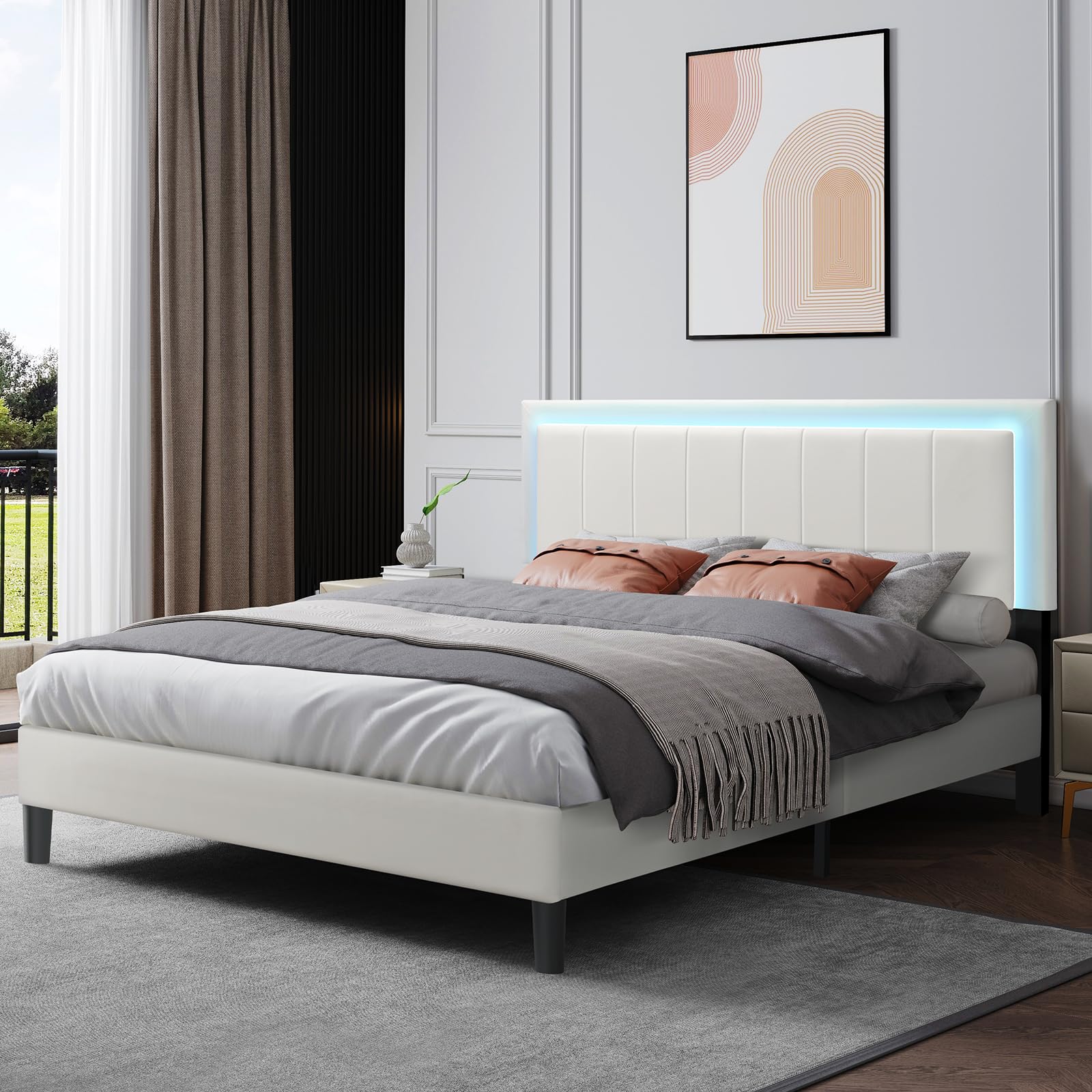 Queen Size Bed Frame with LED Lights, Upholstered Bed Frame Queen with Faux Leather