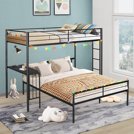 Twin Over Full Bunk Bed, Metal L-Shaped Bunk Bed Frame with Desk