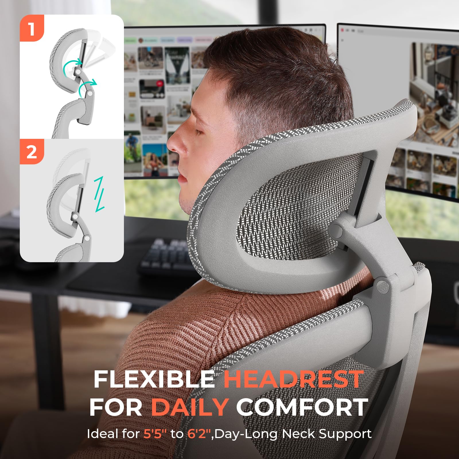 CAPOT Ergonomic Mesh Office Chair, Adjustable Lumbar High Back Desk Chair 400lbs, 4D Flip-up Arms, 3 Tilt Backrest, 3D Headrest, PU Wheels, Swivel Rolling Computer Chair for Long Desk Work - Grey
