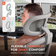 CAPOT Ergonomic Mesh Office Chair, Adjustable Lumbar High Back Desk Chair 400lbs, 4D Flip-up Arms, 3 Tilt Backrest, 3D Headrest, PU Wheels, Swivel Rolling Computer Chair for Long Desk Work - Grey