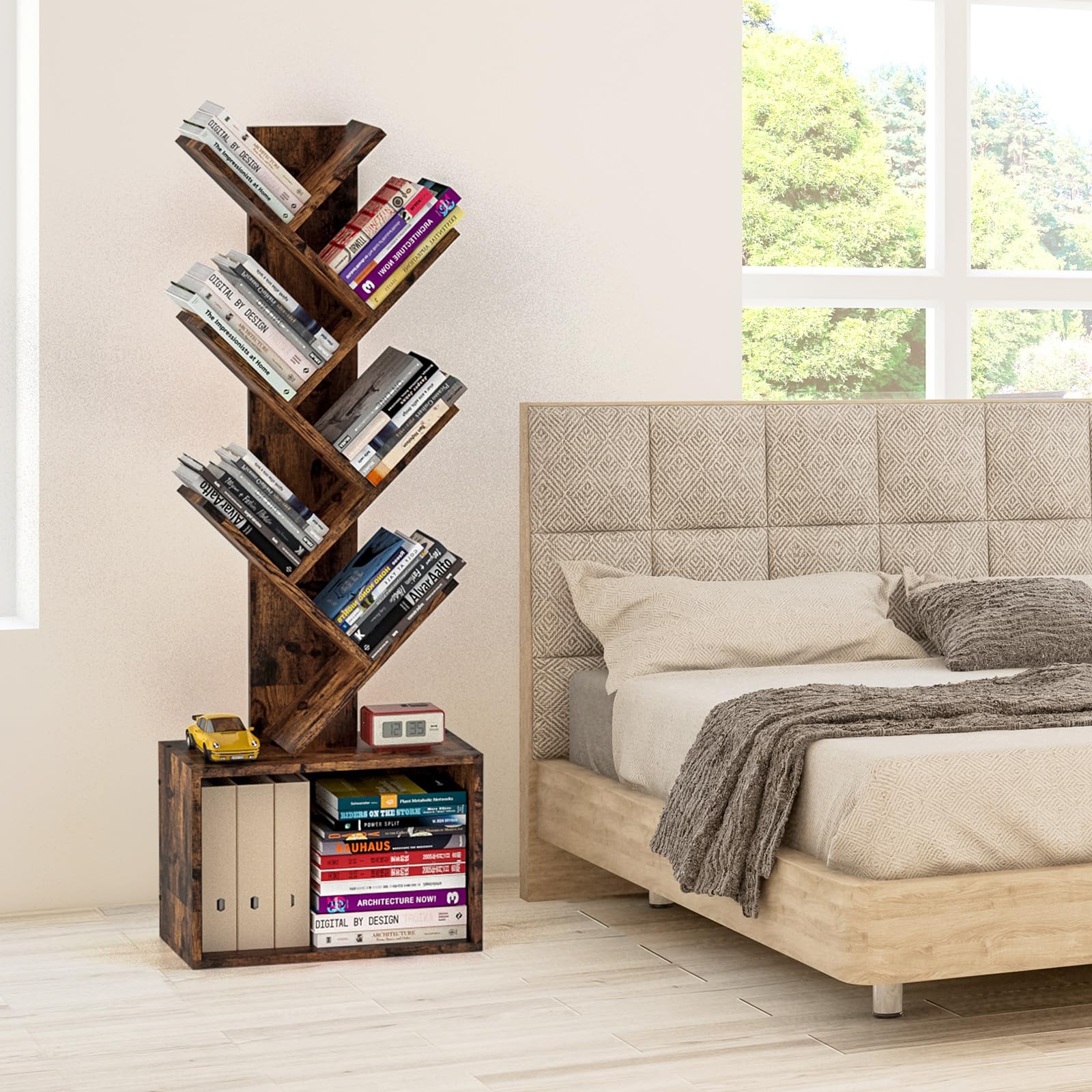 6 Tier Tree Bookshelf, Sturdy Retro Floor Standing Wood Bookcase, Storage Rack for