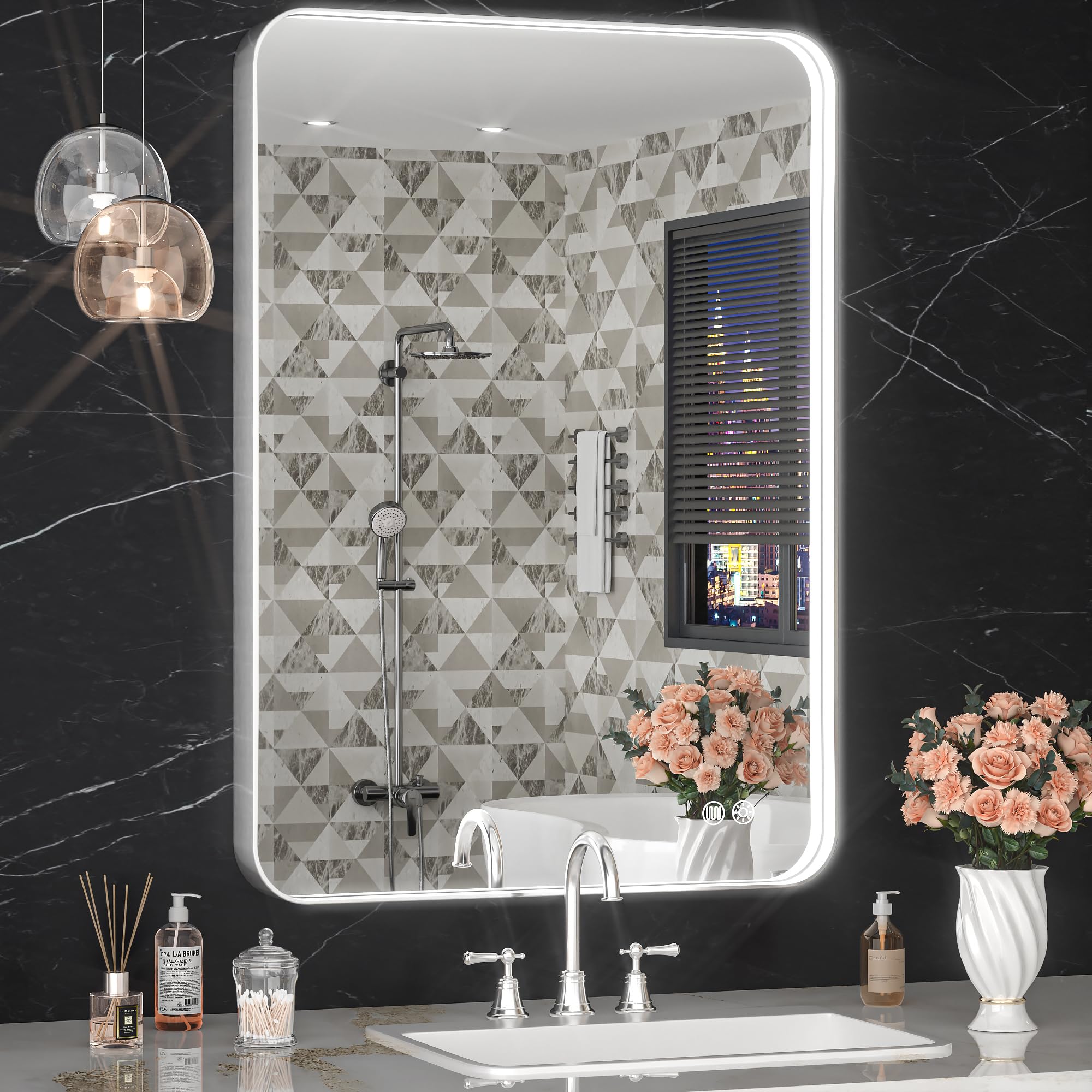LED Bathroom Mirror with Lights, Rounded Rectangle Silver Frame Embedded