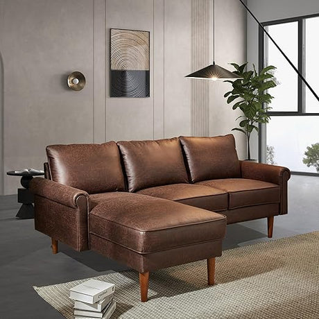 Weaxty 81.55" Sofa Couch, L Shaped Faux Leather Sectional with Chaise Suede Fabric