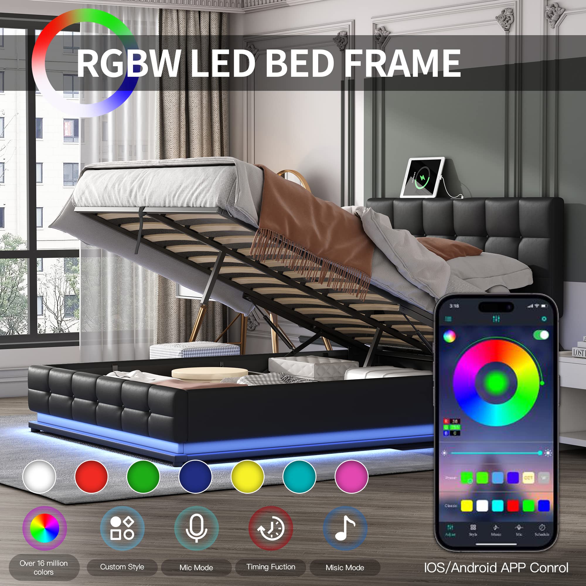 Modern Queen Bed with 2 Nightstands, Black, Platform Bed, LED Lights, Lift-up Storage