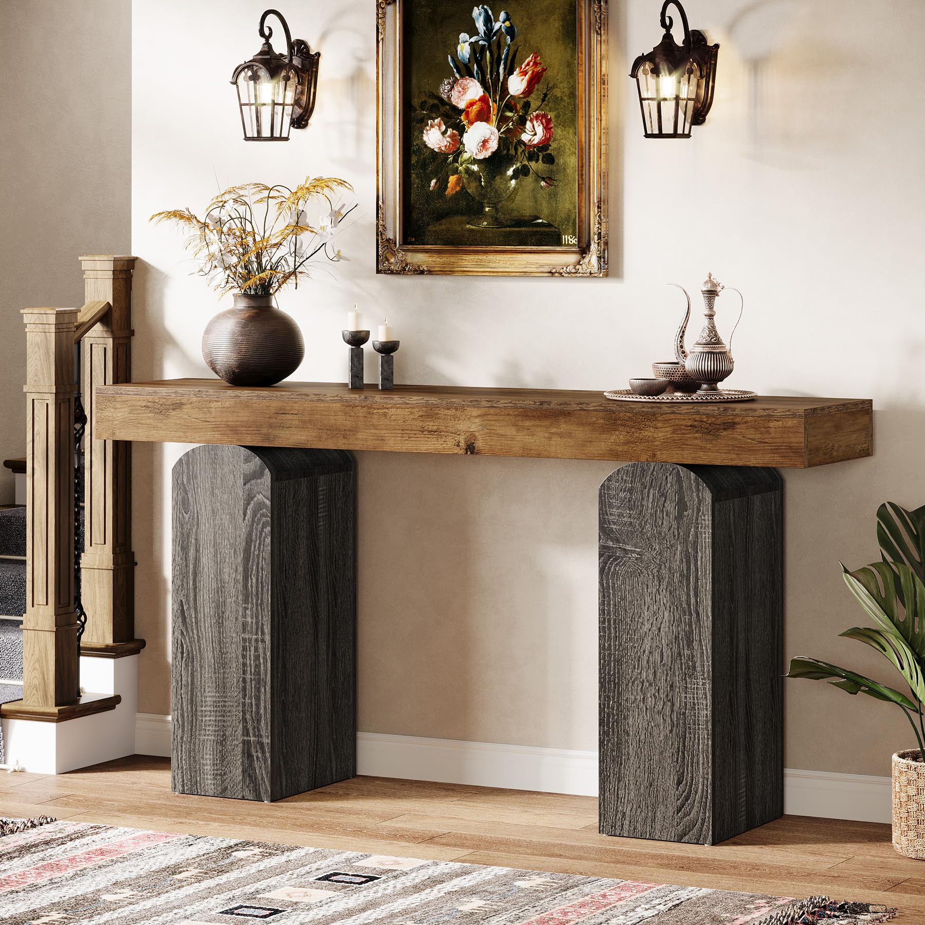 63" Farmhouse Console Table with Arched Pedestal Legs