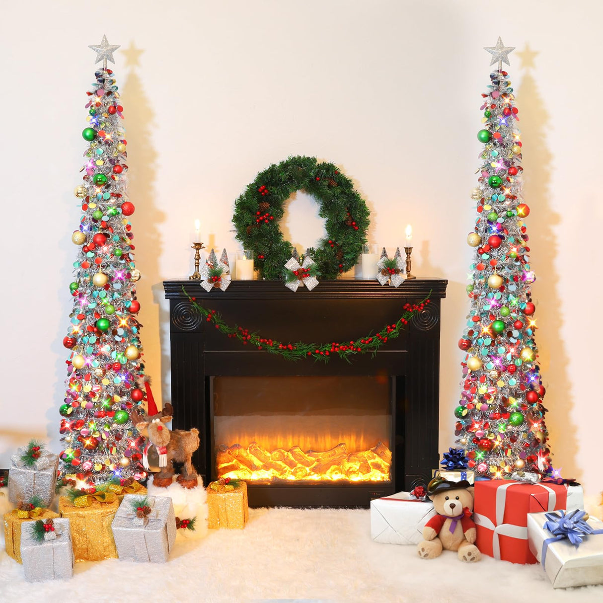 Up Christmas Tree with Lights & 40 Balls, 6Ft Collapsible Silver Mix Tinsel Christmas Tree
